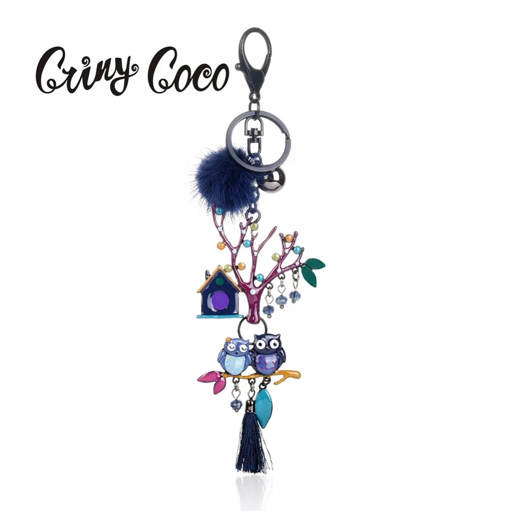 

Lovers Key Chain Color Enamel Tree Bird Keychains Crystal Tassels Key Ring Black Alloy Pompon Statement Jewelry Keychain Women
