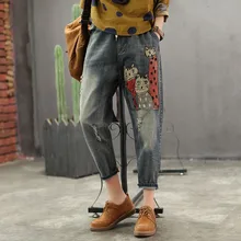 QPFJQD кошки Лоскутные женские джинсы с животным узором Весна Осень Женские повседневные свободные винтажные джинсовые шаровары брюки с вышивкой