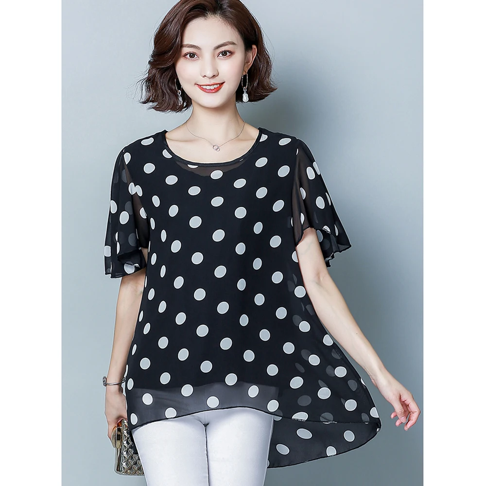 Spring and summer new style Women's large size XL-5XL short sleeve blouses Temperament wave chiffon shirt
