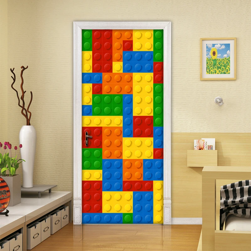 3d Wall Mural Wallpaper Kids Room Lego Bricks Children Room Bedroom Decoration Self Adhesive Door Sticker Pvc Mural Waterproof