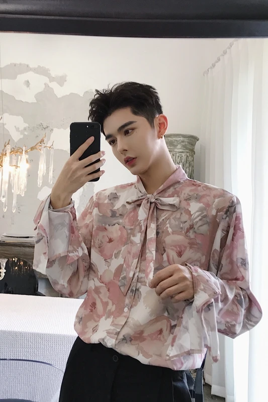Готические мужские рубашки розовая Chemise Homme Gothique с цветочным узором бантом