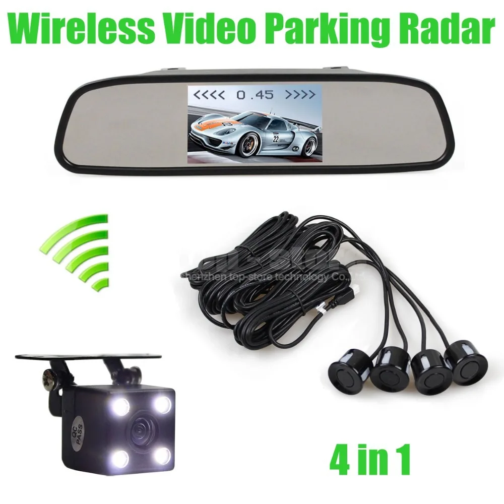 DIYKIT Wireless Video Parking Radar 4 Sensors 4.3 Inch Car Mirror Monitor + 4 x LED Car Rear View Camera Parking Assistance