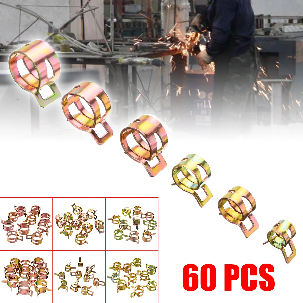 

60pcs/set 7mm 10mm 11mm 14mm 16mm 17mm Hose Clamps Fuel Hose Line Water Pipe Clamp Hoops Air Tube Fastener Spring Clips