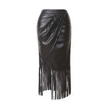 Тренд Женская высокая талия прямая юбка из искусственной кожи бахрома замша кисточкой Saias юбки