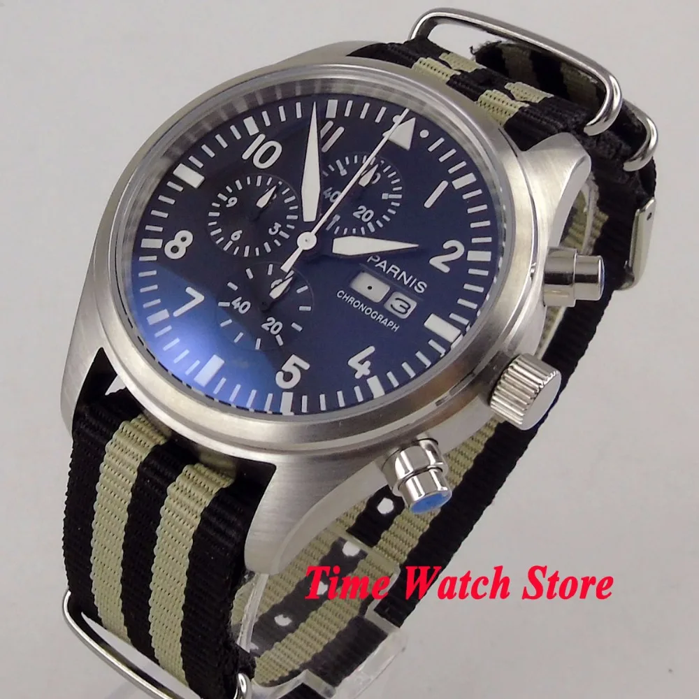 

42mm Parnis watch men waterproof steel blue dial chronograph date week luminous Zulu strap quartz wrist 1197
