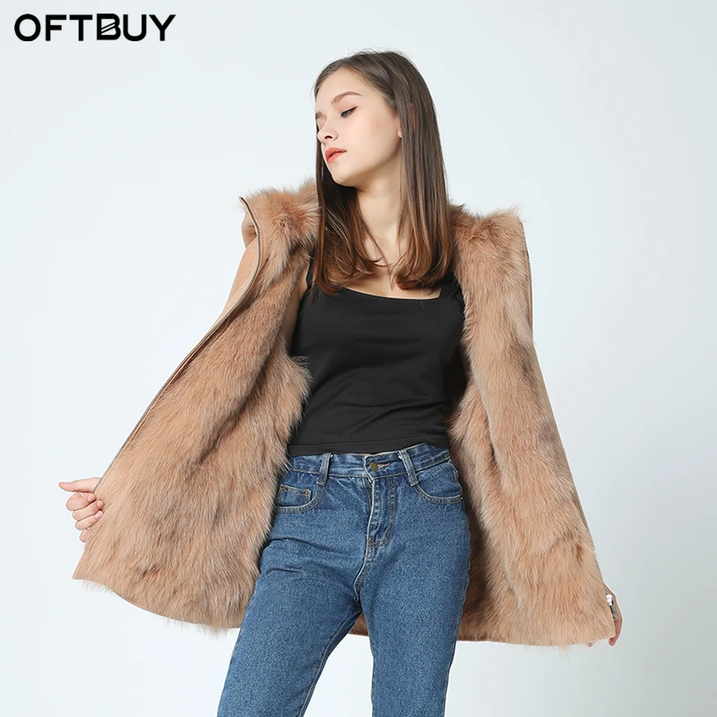 Женская куртка с капюшоном OFTBUY свободная из 100% натурального меха лисы 2019|wool blend