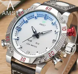2018 бренд amst кварцевые часы для мужчин Мода Большой циферблат кожаный ремешок спортивные часы светодио дный двойной дисплей