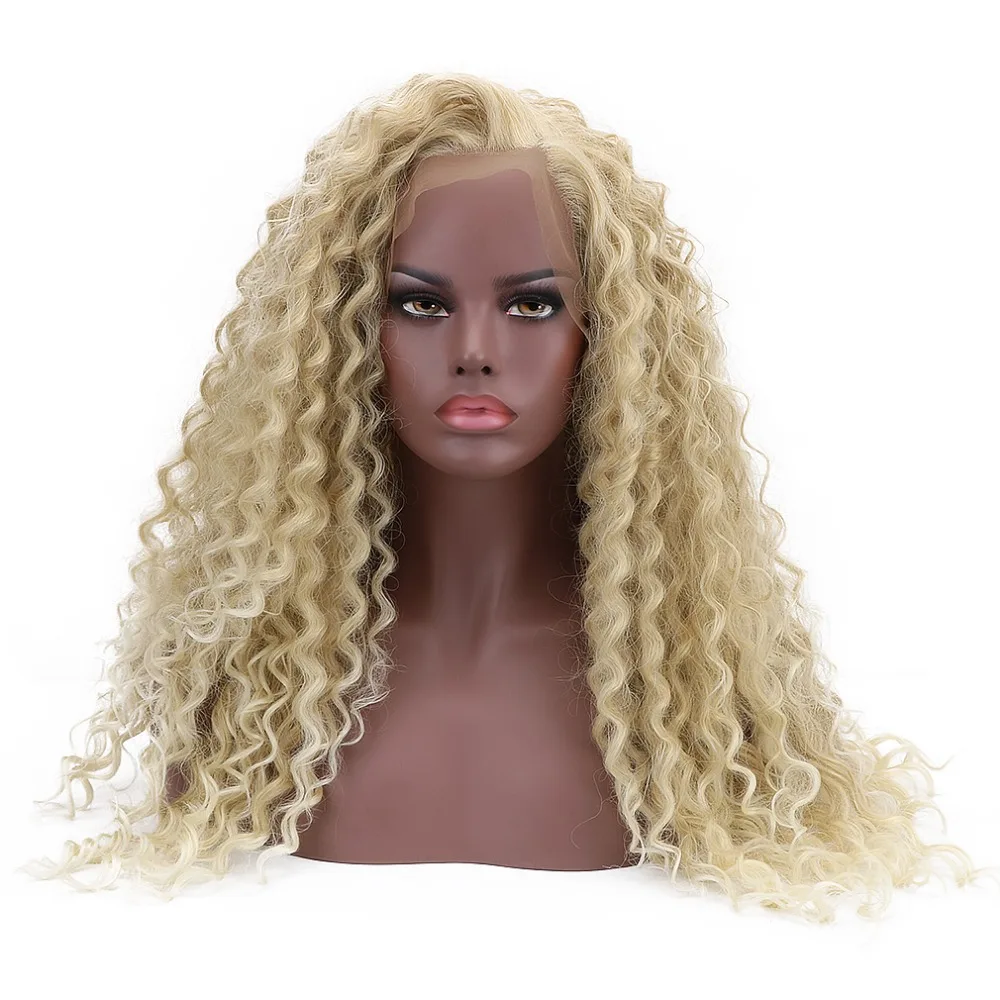 

Free Beauty 24'' Long Curly Synthetic Swiss Lace Front Wig Deep Blond Bohemian Natural Part Glueless Afro Wigs for Black Women