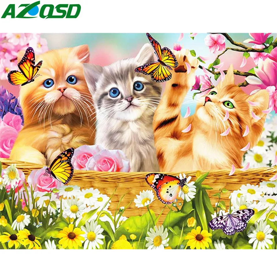

AZQSD 5d Diamond Painting Full Drill Round Diamond Embroidery Cat Animal Hobbies And Crafts Rhinestones Pictures Full Display