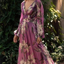 Популярное женское летнее шифоновое платье с v-образным вырезом, женские фиолетовые Макси Платья с цветочным принтом, тонкое женское платье трапециевидной формы для вечеринки, платье в пол для женщин