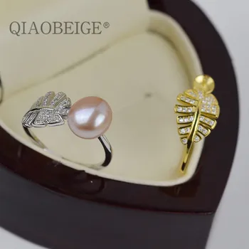 

QIAOBEIGE 925 Sterling Silver Leaf Shape Pearl Ring Mountings, Pearl /Coral/ Cystal/ Gems Bead Ring Fitting, DIY Ring Accessory