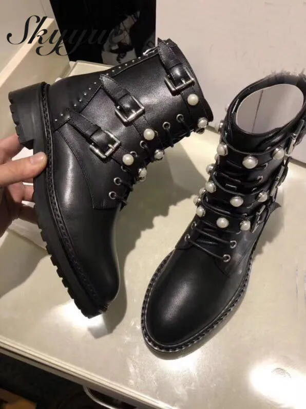 

SKYYUE Black Genuine Leather Pearl Beading Women Boots Round Toe Metal Studded Buckle Strap Women Ankle Winter Boots Shoes Women