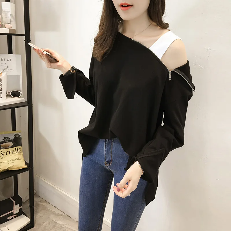 

Hoodie women's pullover 2019 spring clothes new students Korean version of large size open shoulder long sleeve jacket Hoodie