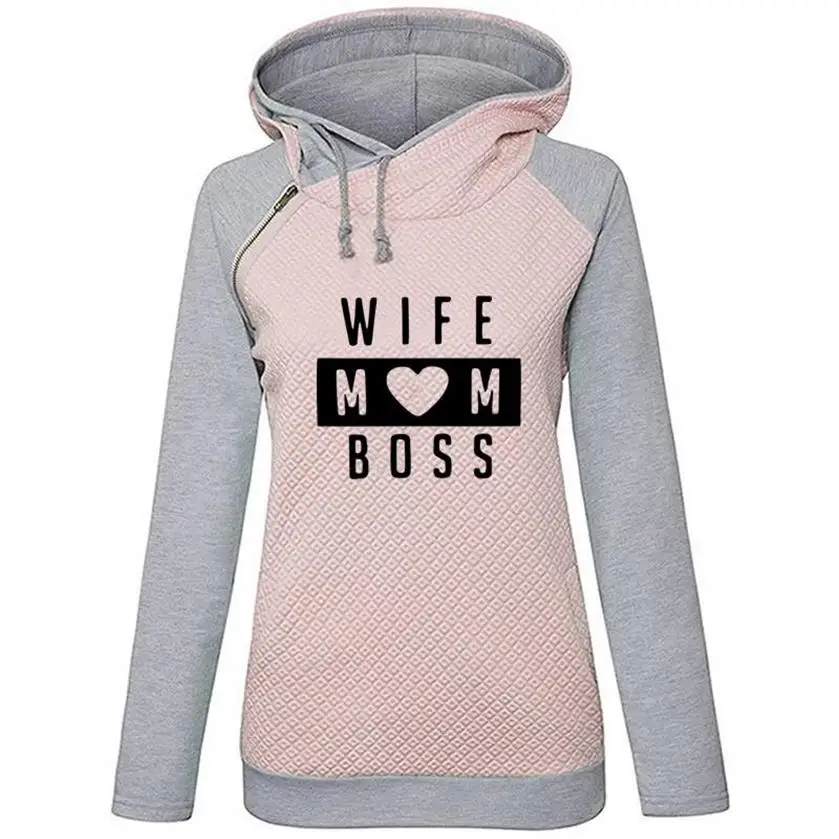 WIFE MOM BOSS Pattern Letters Print Hoodies For Women Zipper Decoration Kawaii Sweatshirts Hoodies Femmes Girls Female 2018 And