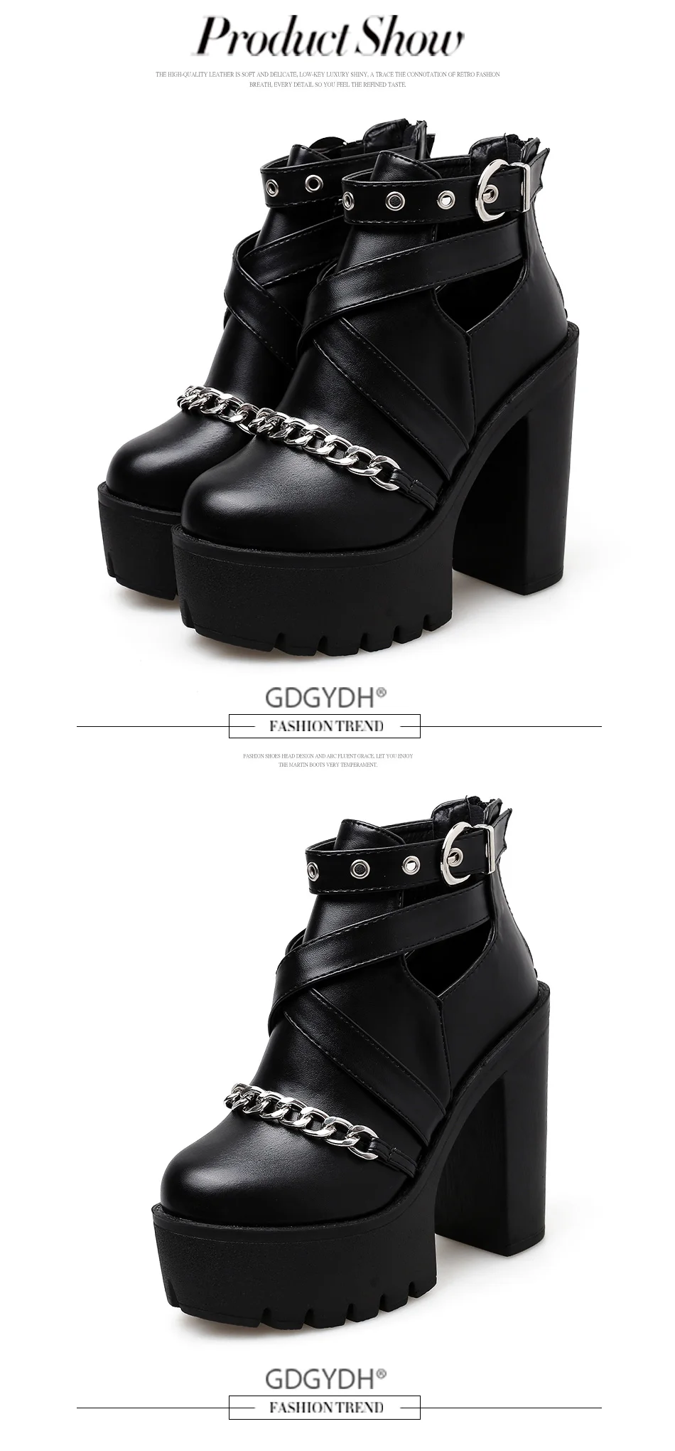 Gdgydh/Прямая ; модная женская обувь с цепочкой; женские ботильоны на молнии на высоком квадратном каблуке; обувь в стиле панк; обувь на платформе; сезон весна-осень