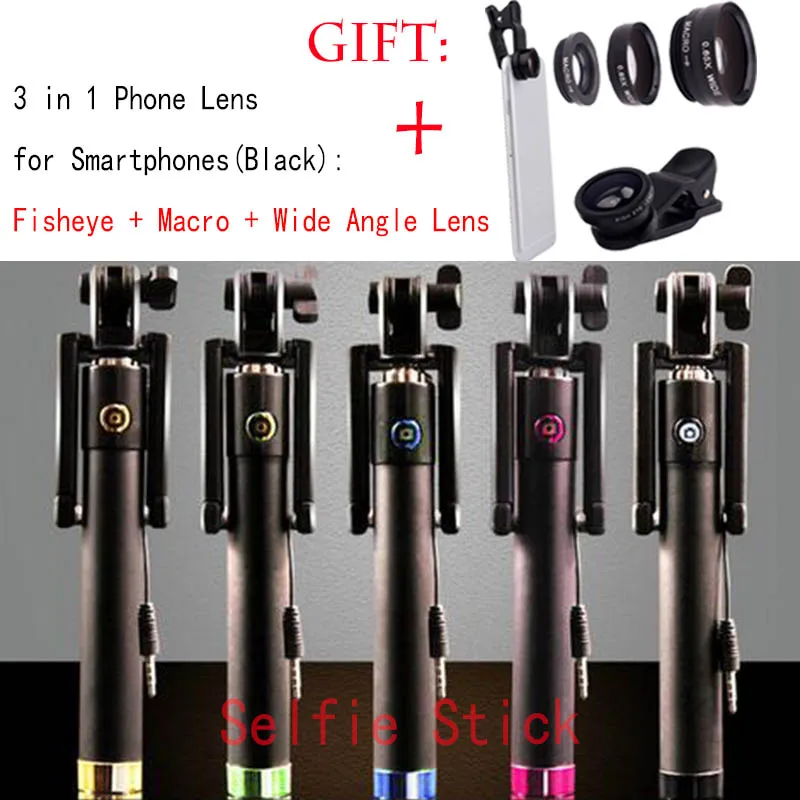 SKF34 Wired Selfie Stick Tripod Built in Shutter Monopod Fisheye Macro Wide Angle Phone Lens for