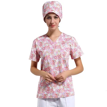 

Women's Pink Floral Print Nursing Uniform Medical Scrub Set Hospital Workwear V Neck Short Sleeve Nurse Work Clothes Dentist