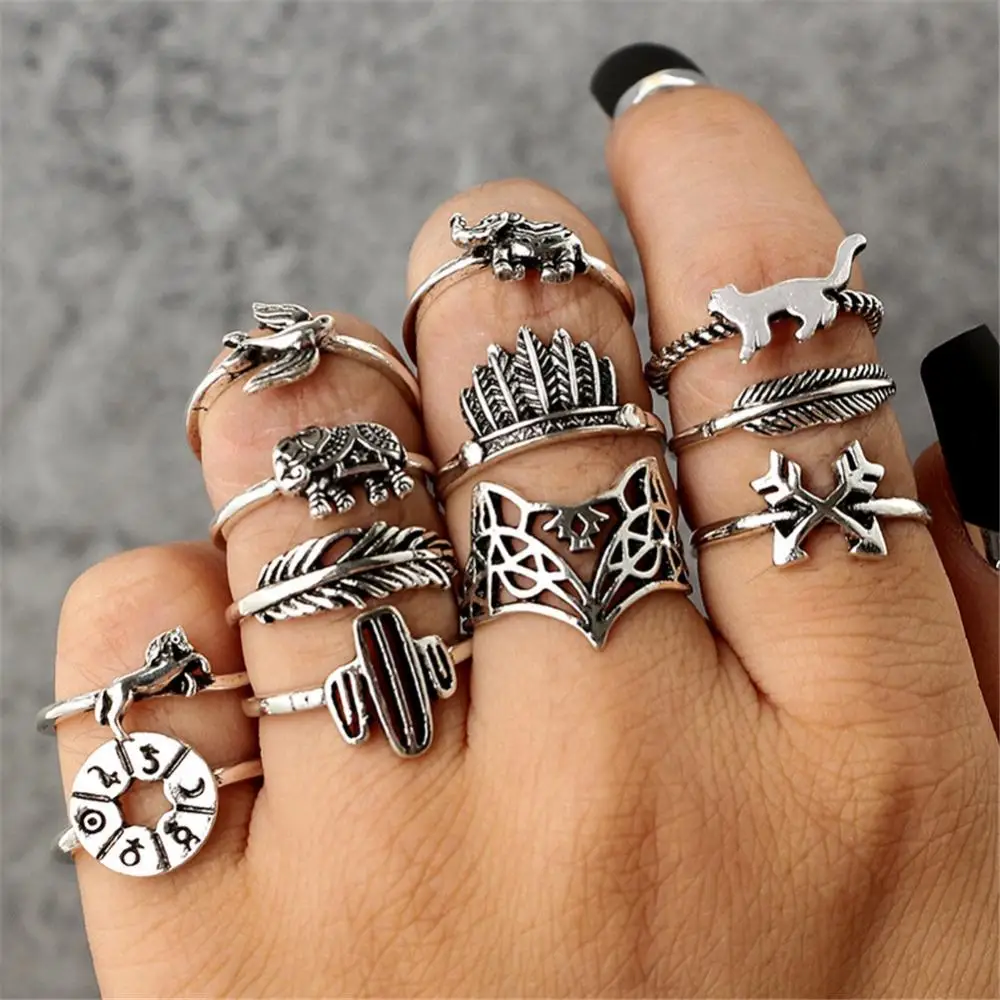 

12Pcs Retro Fashion Silver-color Alloy Rings Sets Vintage Purple CZ Leaf Fox Elephant Finger Rings Set Boho Jewelry For Women