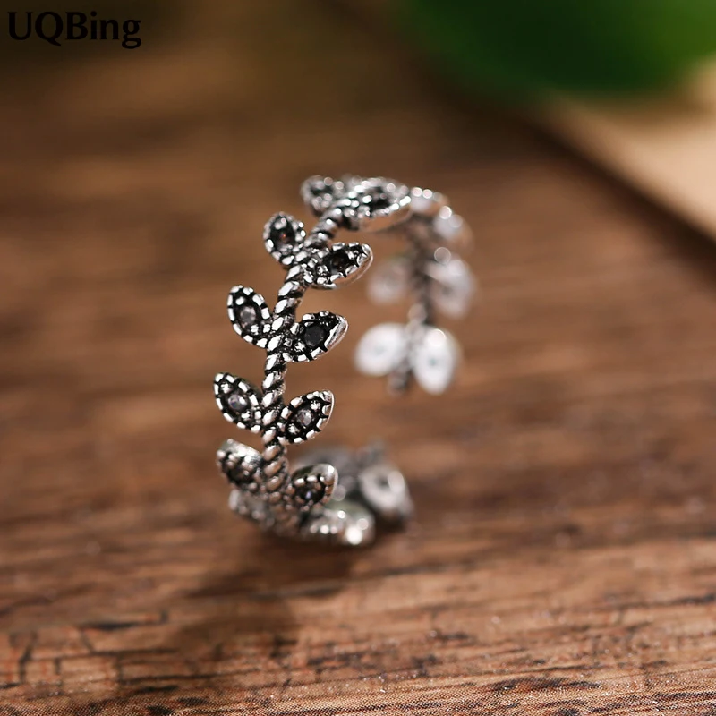 

New Arrivals 925 Sterling Silver Rings For Women Girl Jewelry Black Rhinestone Leaves Open Rings Adjustable Rings
