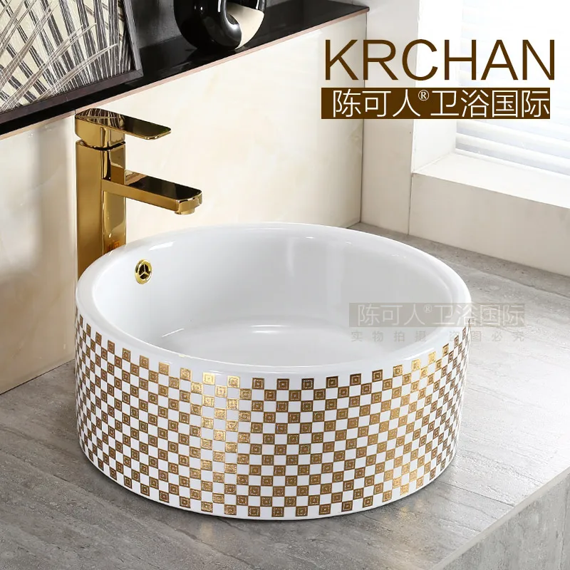 

Krchan bathroom high quality ceramic sanitary ware color gold style art counter basin wash basin