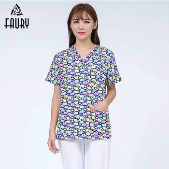 

Short Sleeve V-neck Women Doctors Nurse Surgical Tops Print Dental Clinic Farmacia Beauty Salon Work Uniform Surgery Overalls