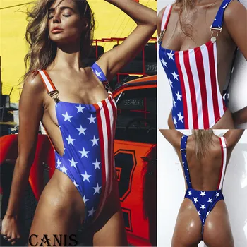 

2019 Summer Sexy Women Stars Stripes USA Flag one piece Bikini Padded Bra Bandeau Swimsuit Flag Swimwear Backless Beachwear