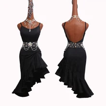 Новое платье для латинских танцев с узором, платье на подтяжках, сценические костюмы для выступлений, вечерние костюмы для танцев, черное платье для женщин DM1051