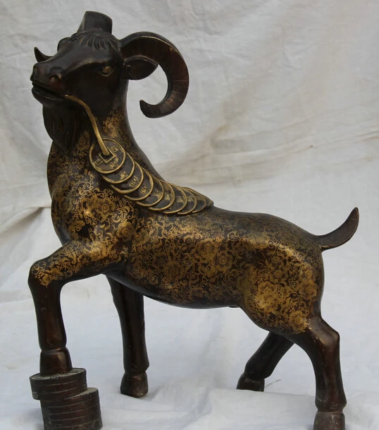 

JP S0524 19" Chinese Bronze Folk Wealth Money Zodiac Year Sheep Goat Statue sculpture