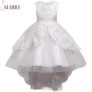 Pretty Lace Blue Puffy Flower Girl Dresses 2020 High Low Lace Appliques Communion Dresses Pageant Dresses For Little Girls 2018 light blue princess sheer lace flower girl dresses pageant prom baby party frocks for girls first communion puffy gowns