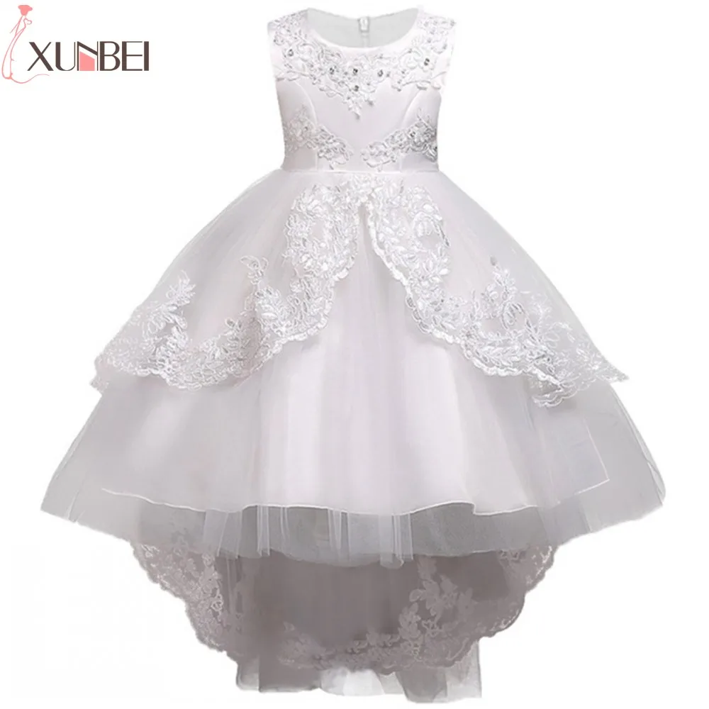 Comprar Vestidos bonitos de encaje azul con flores hinchadas para niñas 2019 vestidos de fiesta con apliques de encaje bajo para niñas