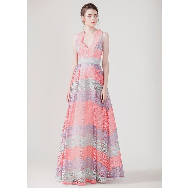 Moda 5 arcobaleno colorato maxi pizzo abito elegante delle donne ...