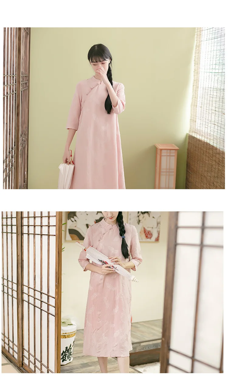 Оригинальный литературный хлопок лен женская воротник-стойка с вышивкой жаккардовое платье китайский национальный Улучшенная