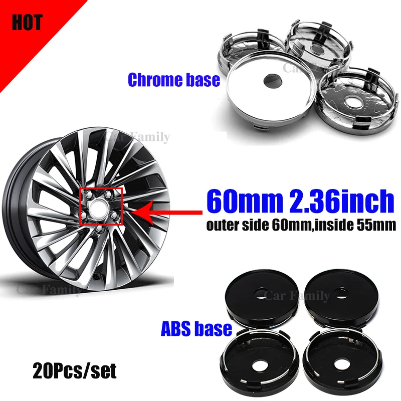

PVC/ABS 60mm inside 55mm Car Wheel Rim Cap Covers Car Logo 2.36INCH Wheel Hub Cap For bmw ford seat smart KIA 20PCS