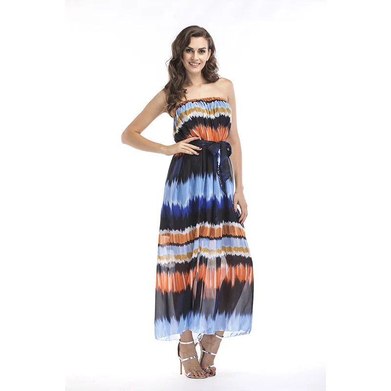 

Spring And Summer New Ladies Chiffon Elegant Wrapped Chest Dress Women's Long Gradient Beach Dress Europe And Large Size Dresses