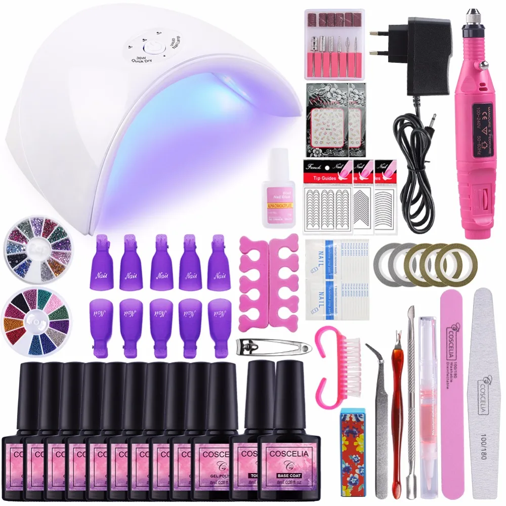 

Professional Nail Gel Lamp Dryer With 10pcs Varnish Polish Kit Nail Drill Manicure Tool For Nail Art Set For Gel UV Nail Polish