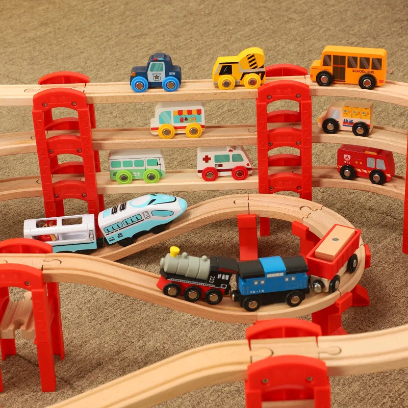Деревянный литой поезд, игрушечное кольцо, многослойный деревянный трек, набор игрушек, совместимый с другими брендами деревянных дорожек, поезд Брио