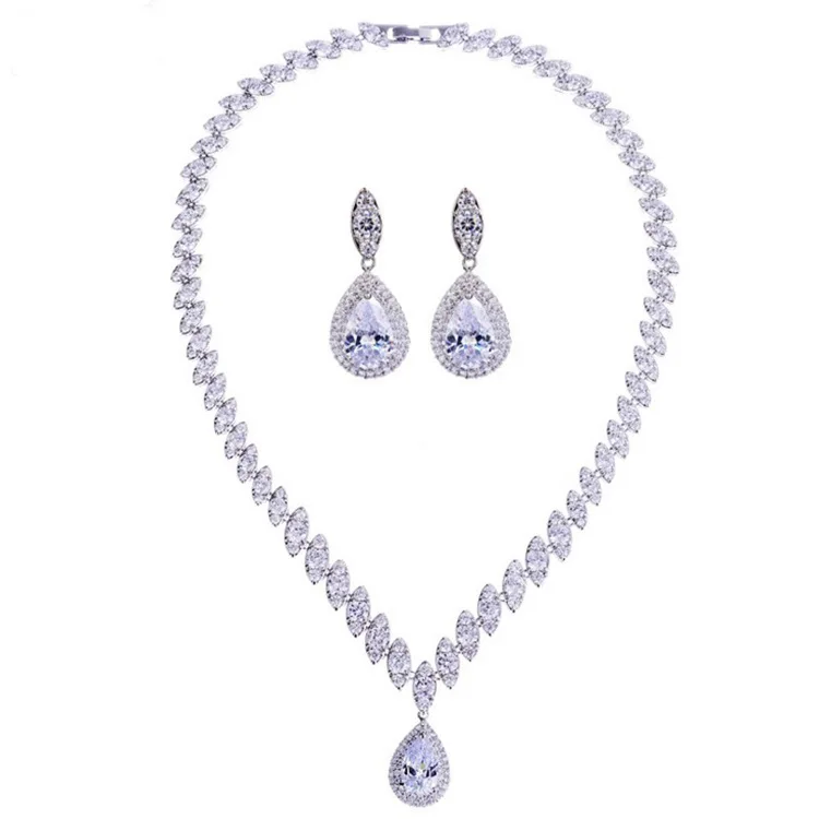 925 Sterling Silver Platinum Plate Luxury Diamond Women Wedding Jewelry Set Red/Green/Blue/White CZ Drop Earring Choker Necklace