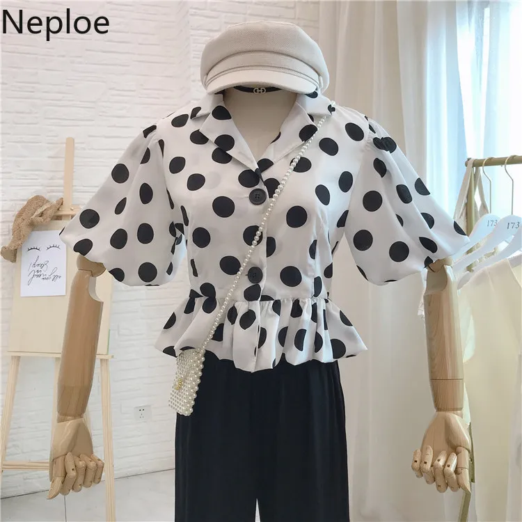 

Neploe Polka Dot Retro Blouse Puff Sleeve Turn Down Collar Shirt Woman Single Breasted Ruffle Elegant Blusas 2019 New Tops 53329