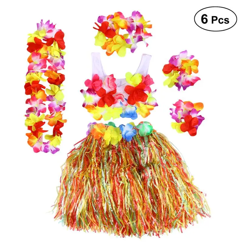 6 шт., Гавайские тропические вечерние юбки для танцев с изображением травы хулы детские браслеты с цветами, повязка на голову, ожерелье, комплект с бюстгальтером 40 см, 8 цветов, A3 - Цвет: Многоцветный