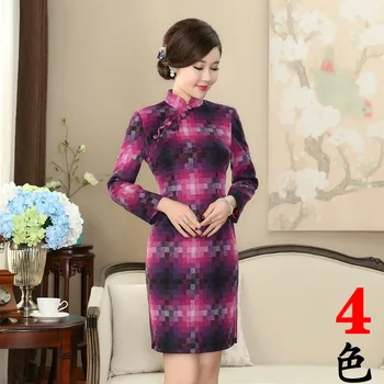 

Traditional Chinese Woolen Dress Women's Gray/Orange/Green/Plaid Cheongsam Size M to 2XL
