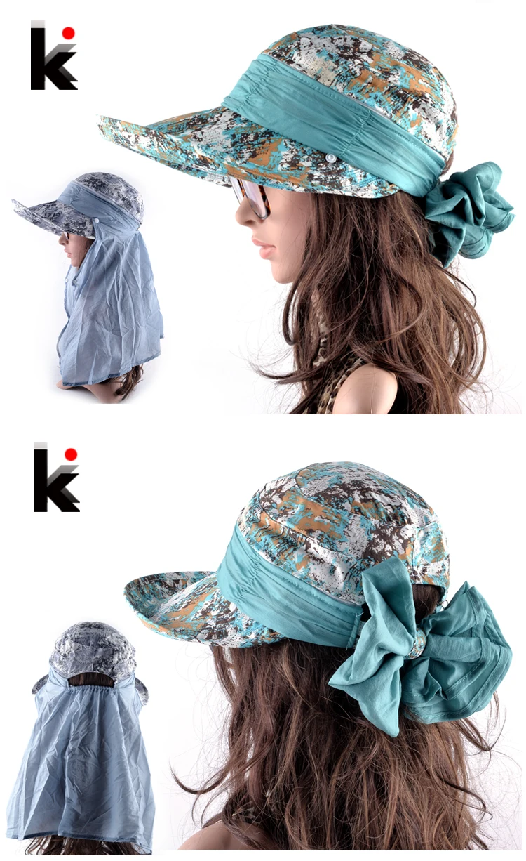 Летние пляжные Шапки для женщин складной Лук широкими полями козырек кепки наружное солнца вводной шляпа с защитным шарфом на шее