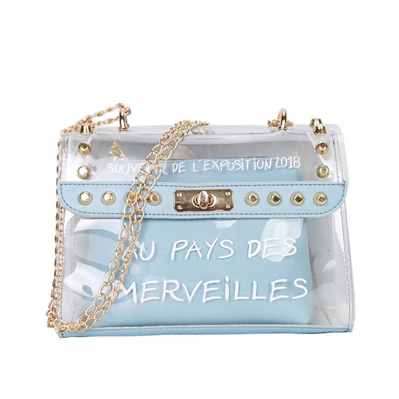 Fashion Sweet Women Lady Bag Clear Handbag Crossbody Composite Bag Transparent PVC Chain Pouch Tote New BS88