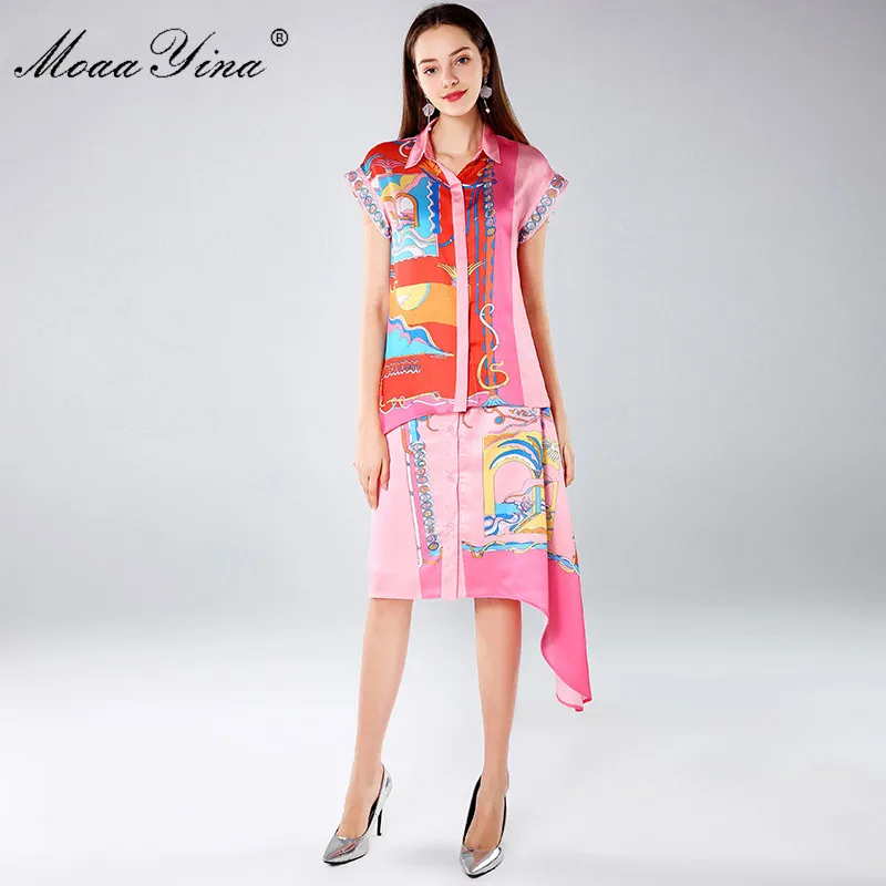 

MoaaYina Fashion Designer Set Spring Autumn Women's Short sleeve Print Asymmetrical Blouse+Asymmetrical Skirt Two-piece suit