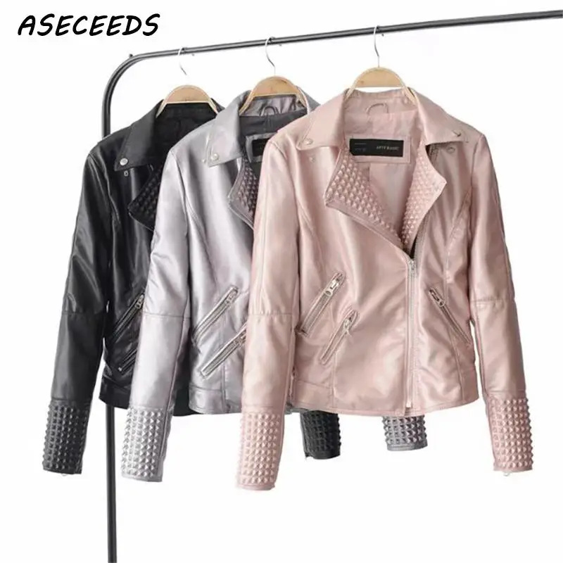 

Motorcycle black pink soft faux leather jacket women rivet zipper punk biker coat women basic outerwear Autumn 2018