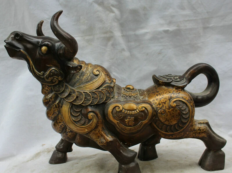 

song voge gem S2257 21" Chinese Bronze Wealth Fu Ru YI Folk Feng shui Zodiac Year Bull Oxen Statue