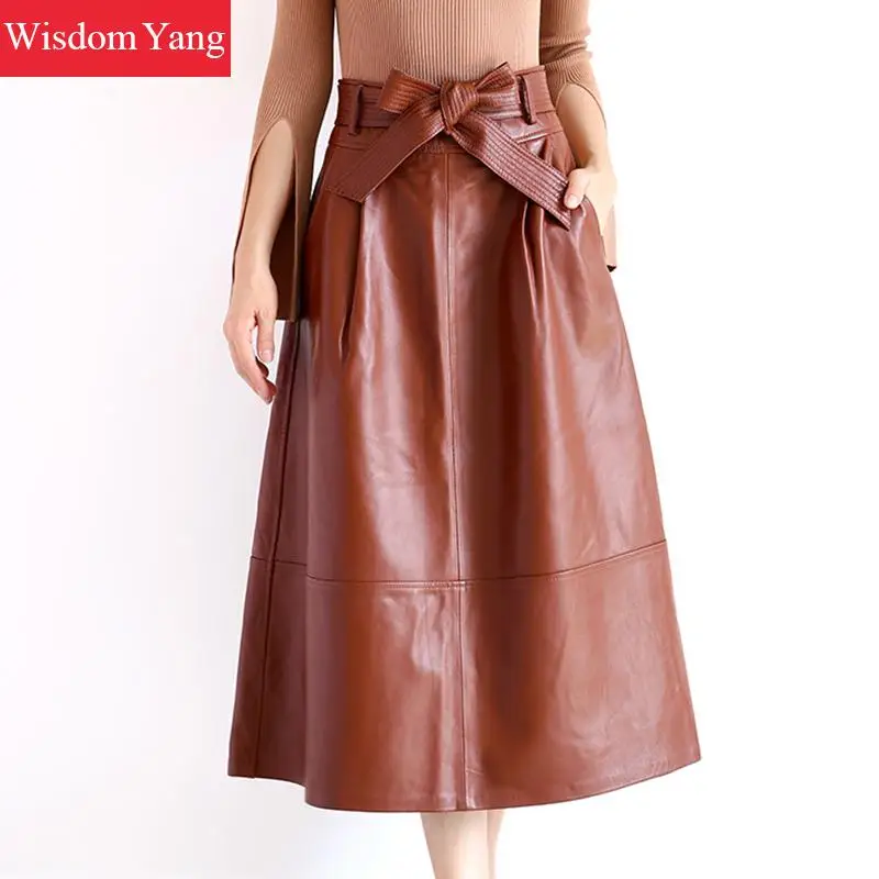 Zwart Groen Real Schapenhuid Lederen Rok Hoge Taille Midi Rokken Voor Vrouwen Boog Lange Casual Party Sexy Dames zonnejurk Zwart Groen Real Schapenhuid Lederen Rok Hoge Taille Midi Rokken Voor Vrouwen Boog Lange Casual Party Sexy Dames zonnejurk