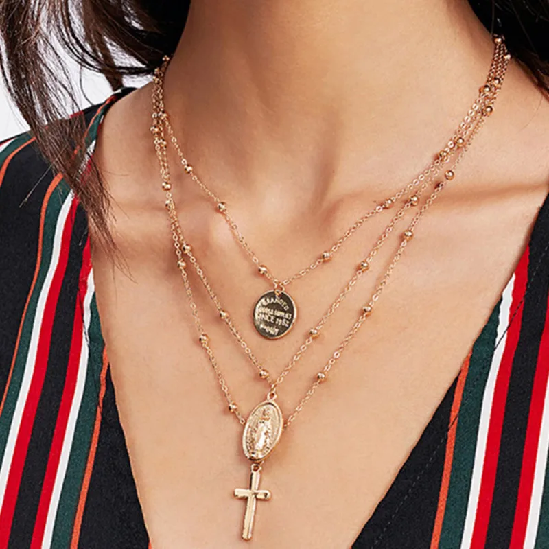 Новая мода Многослойные Крест Девы Марии подвеска Кристалл цепи Neckalce богиня католической колье ожерелье для женщин x86