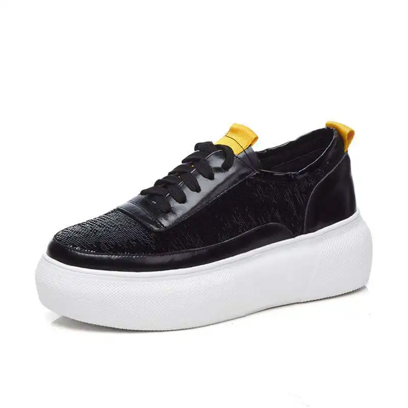 Zapatos Corea Genuino L15 Redonda Up Mujeres Cuero Niñas Alta Lenkisen Vulcanizados Negro Bling Lace plata Punta Inferior wqW1ng7z