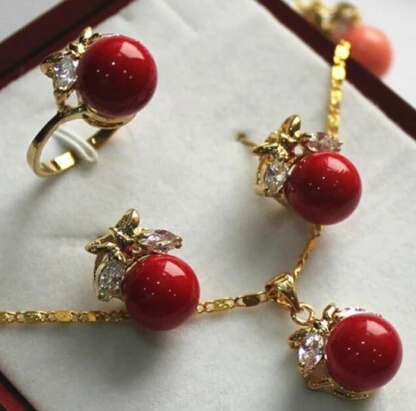 

hot sell New Design 10mm Red Shell Pearl Earring Ring Pendant & Stud Jewelry Set