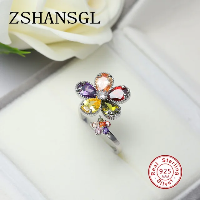 New Arrival Flower Shaped Cut Design Opening Rings 7 Colors Multicolor CZ 925 Sterling Silver Ring for Women Fashion Jewelry